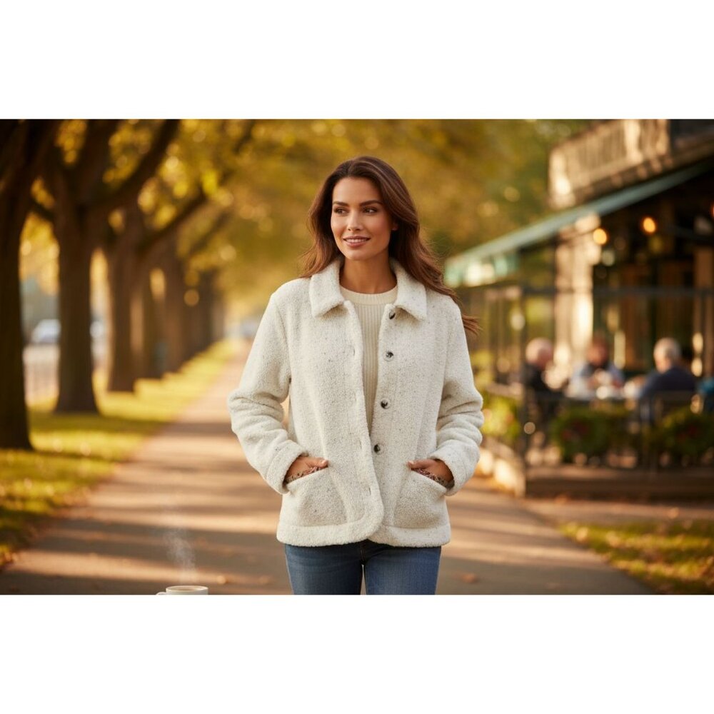Orvis Womens White Sherpa Button-Up Jacket W/ Tapestry Trim Pockets Size M Polye - Picture 7 of 13